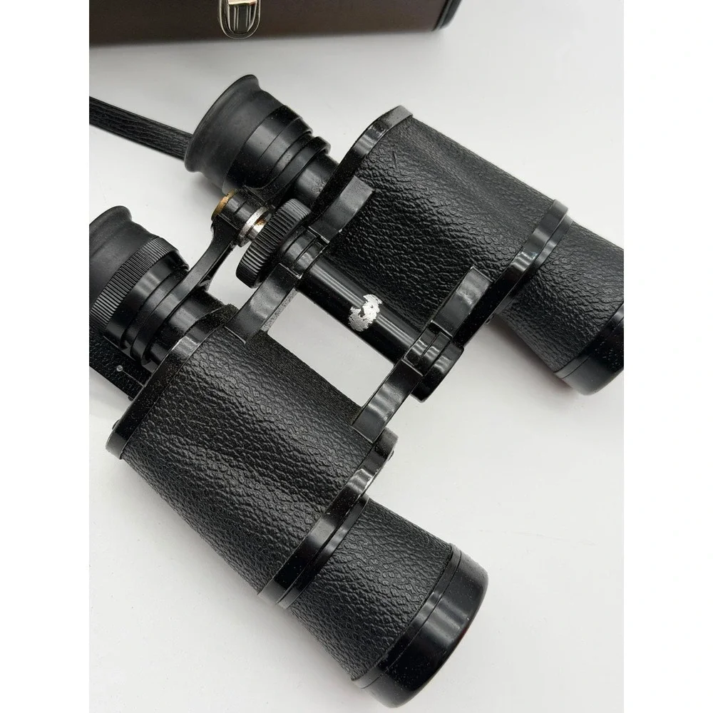 Vintage Black‎ Binoculars with Brown Faux Leather Hard Carrying Case Retro Gear